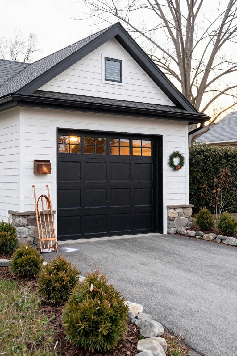 White detached garage building with black gable roof and trim, black paneled garage door with window grids, copper wall mailbox, wooden skis leaning against stone base, evergreen wreath on door, boxwood shrubs and rocks along driveway edge.