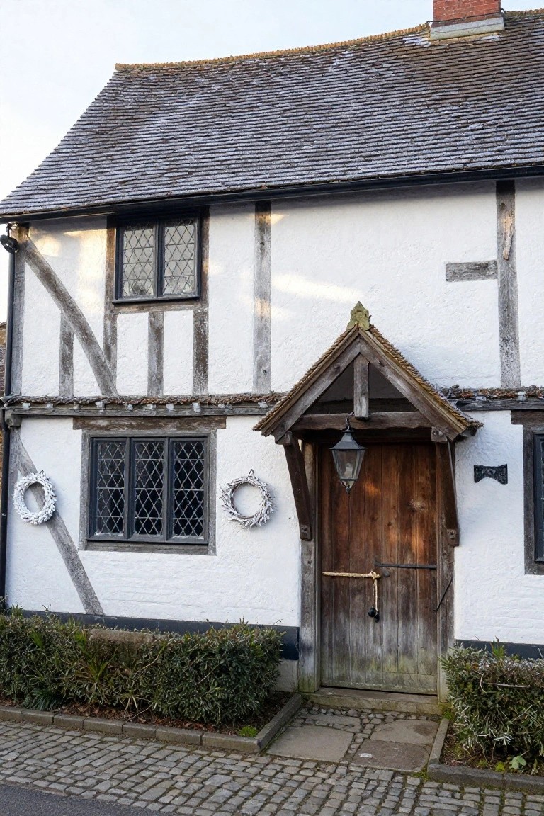 White plaster two-story house with exposed black timber framing, leaded glass windows, wooden front door under a gabled porch with lantern, white wreaths on beams and porch, boxwood hedges, and cobblestone path.