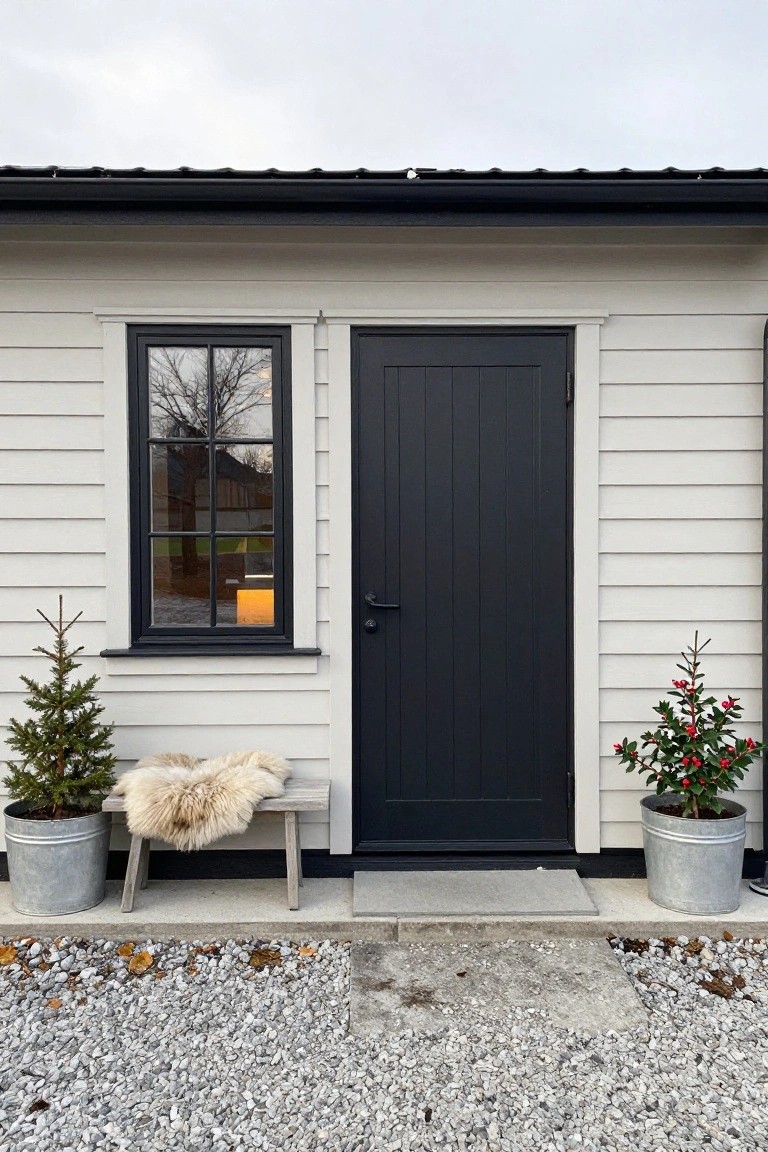 White shiplap wall of a small building with black door and window, wooden bench draped in light sheepskin between two metal buckets holding small Christmas trees, concrete stoop on gravel ground.