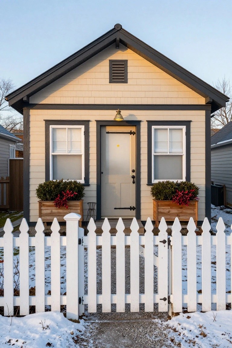 Small cottage with beige siding, black roof and trim, white-framed windows, gray front door, wooden planters with boxwood and red berries flanking the entry, white picket fence in front, and light snow on the ground.