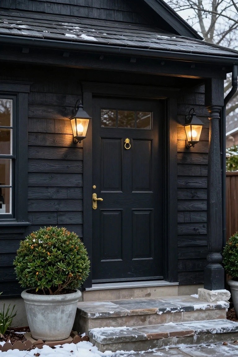 Black shingled cottage exterior with dark paneled front door featuring brass lion-head knocker and knob, flanked by two lanterns and potted boxwood shrubs beside snow-dusted stone steps.