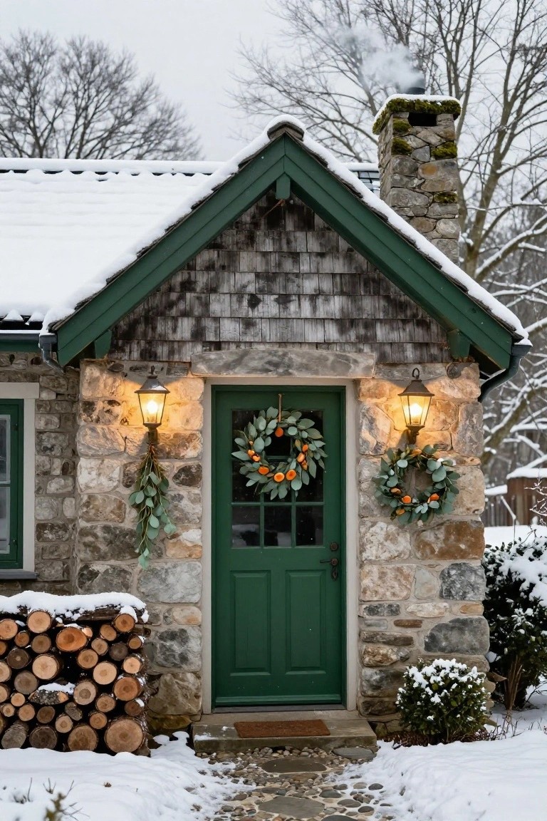 Snow-covered stone and shingle cottage exterior with green front door centered between two hanging lanterns, eucalyptus wreaths with dried oranges on the door and walls, firewood stack to the left, and chimney smoke rising.