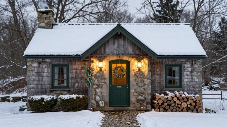 Snow-covered stone and shingle cottage exterior with green front door centered between two hanging lanterns, eucalyptus wreaths with dried oranges on the door and walls, firewood stack to the left, and chimney smoke rising.