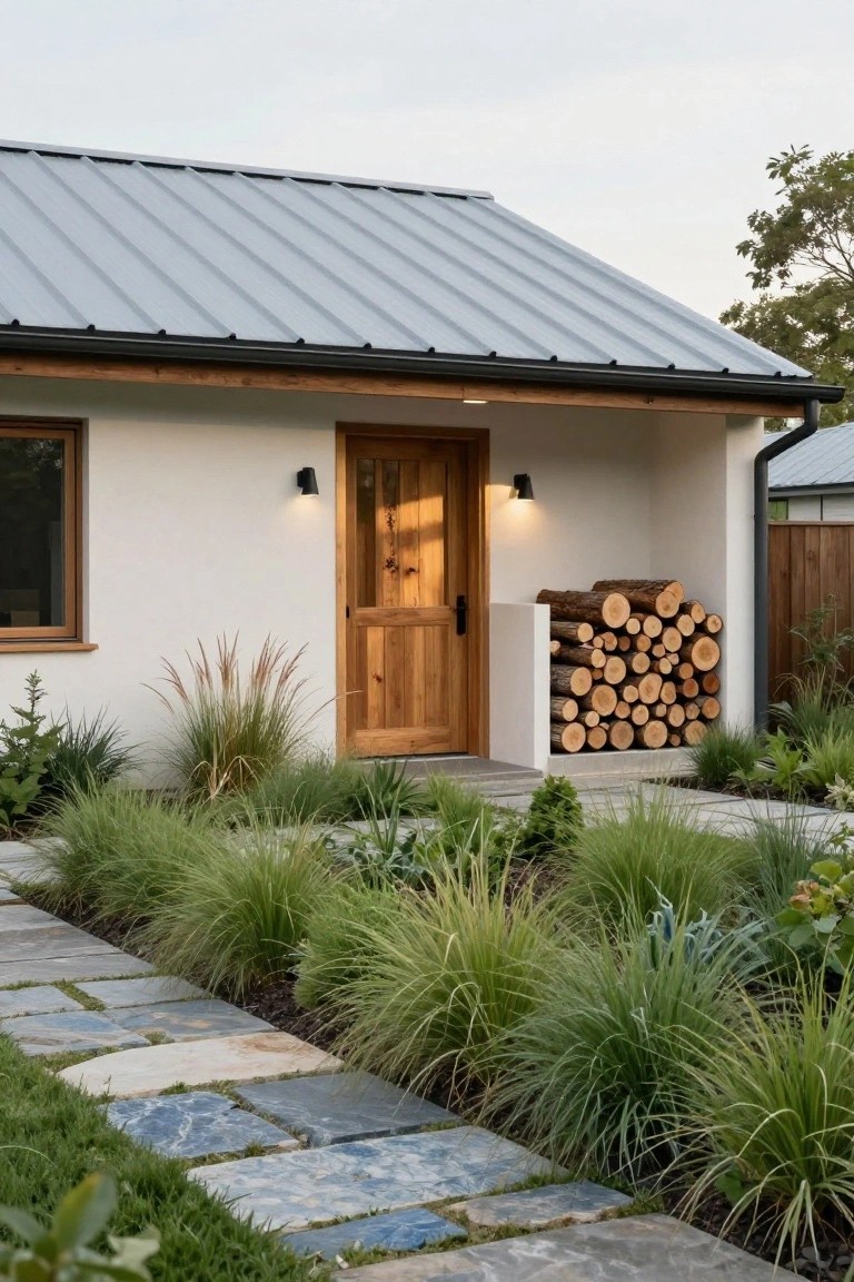 White stucco cottage with gray metal roof, wooden entry door lit by wall sconces, stack of firewood against the wall, and stone pathway through tall grasses leading to the door.