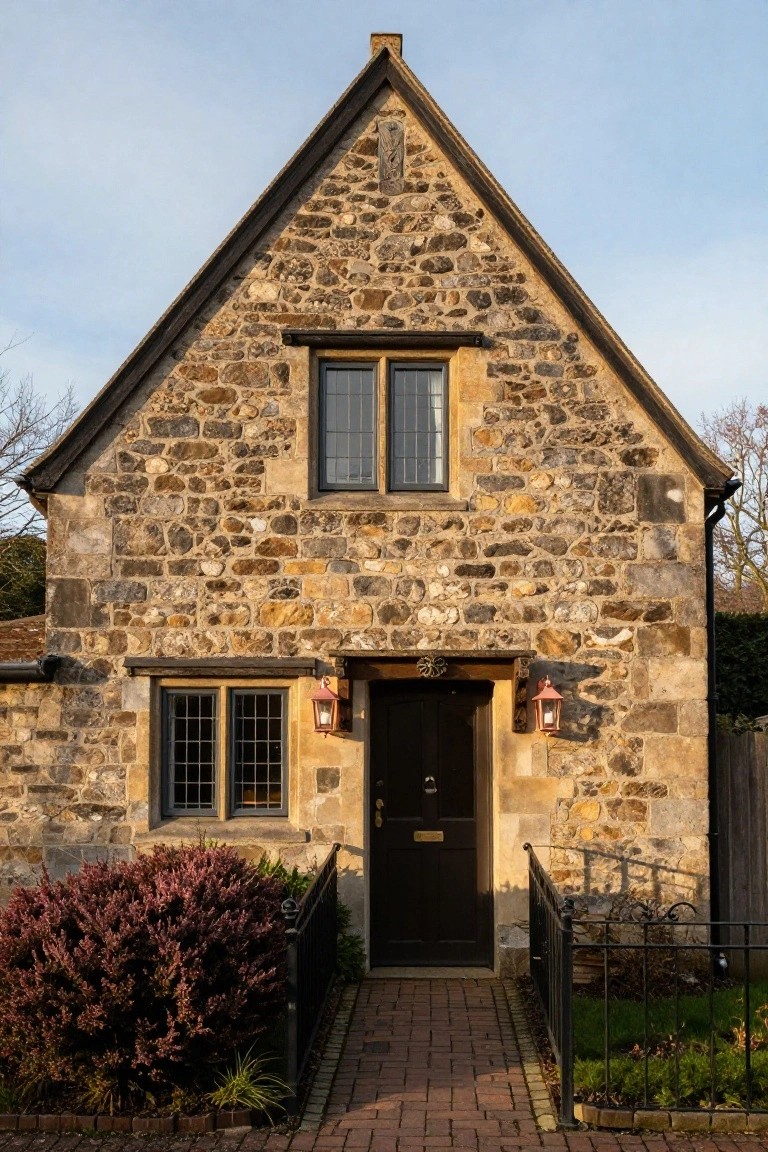 A gabled stone cottage with dark wooden door, lanterns on either side, brick pathway leading to the entrance, purple shrubs, and black metal fence in front.