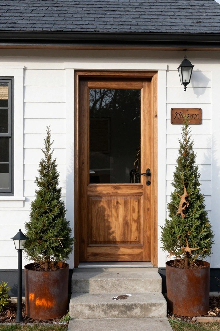 White shiplap-sided cottage exterior featuring a wooden entry door with glass panel, flanked by two potted evergreen trees in rusted metal containers, wall lanterns, and a sign reading 