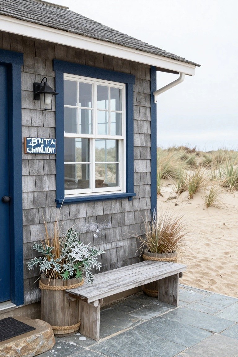 Gray shingle siding on a small cottage exterior with blue door, window trim, wall sign, exterior lantern, potted grasses in rope-wrapped pots, wooden bench, slate patio, and beach dunes in the background.