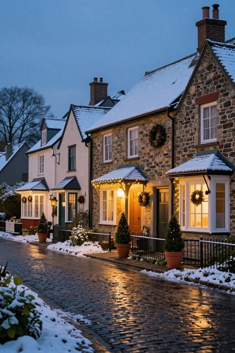 Row of snow-covered stone and brick cottages with Christmas wreaths on doors and windows, string lights along porches, lanterns, potted plants, and a wet cobblestone street at twilight.
