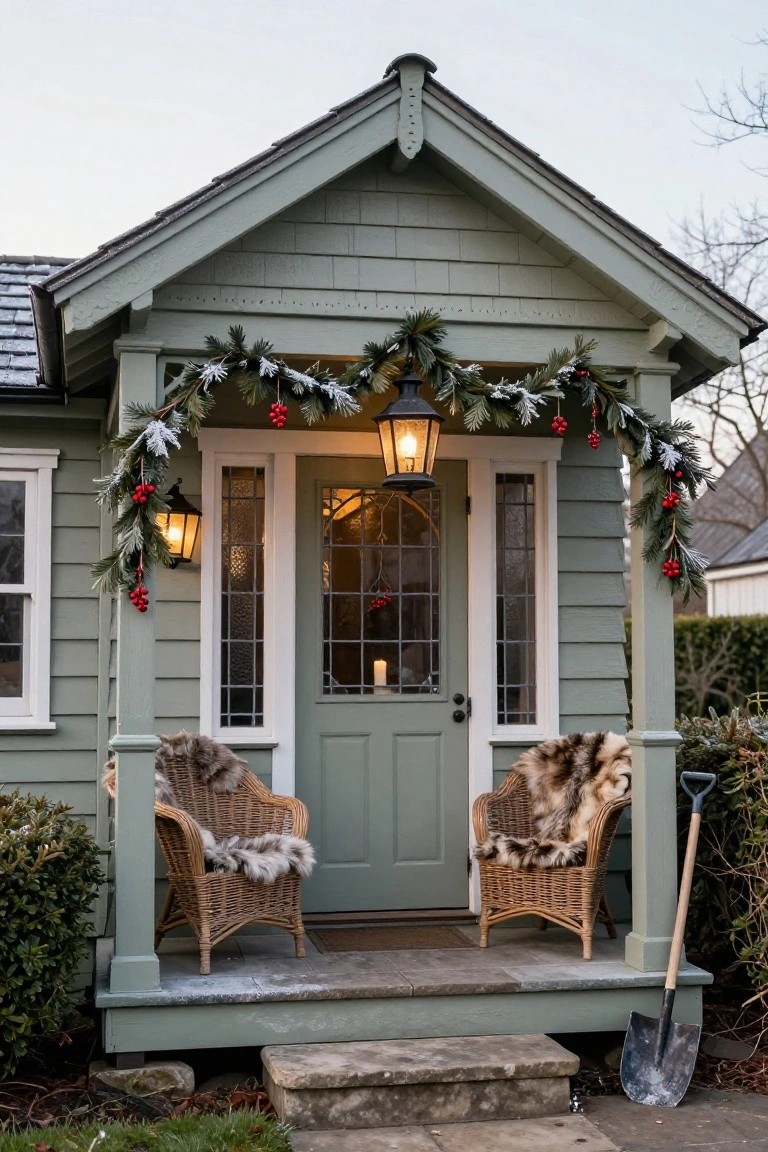 Sage green shingled cottage with covered porch, decorated in evergreen garlands with red berries and lanterns, two wicker chairs draped in fur throws on the stoop, green door with glass panels, and a shovel leaning on the post.