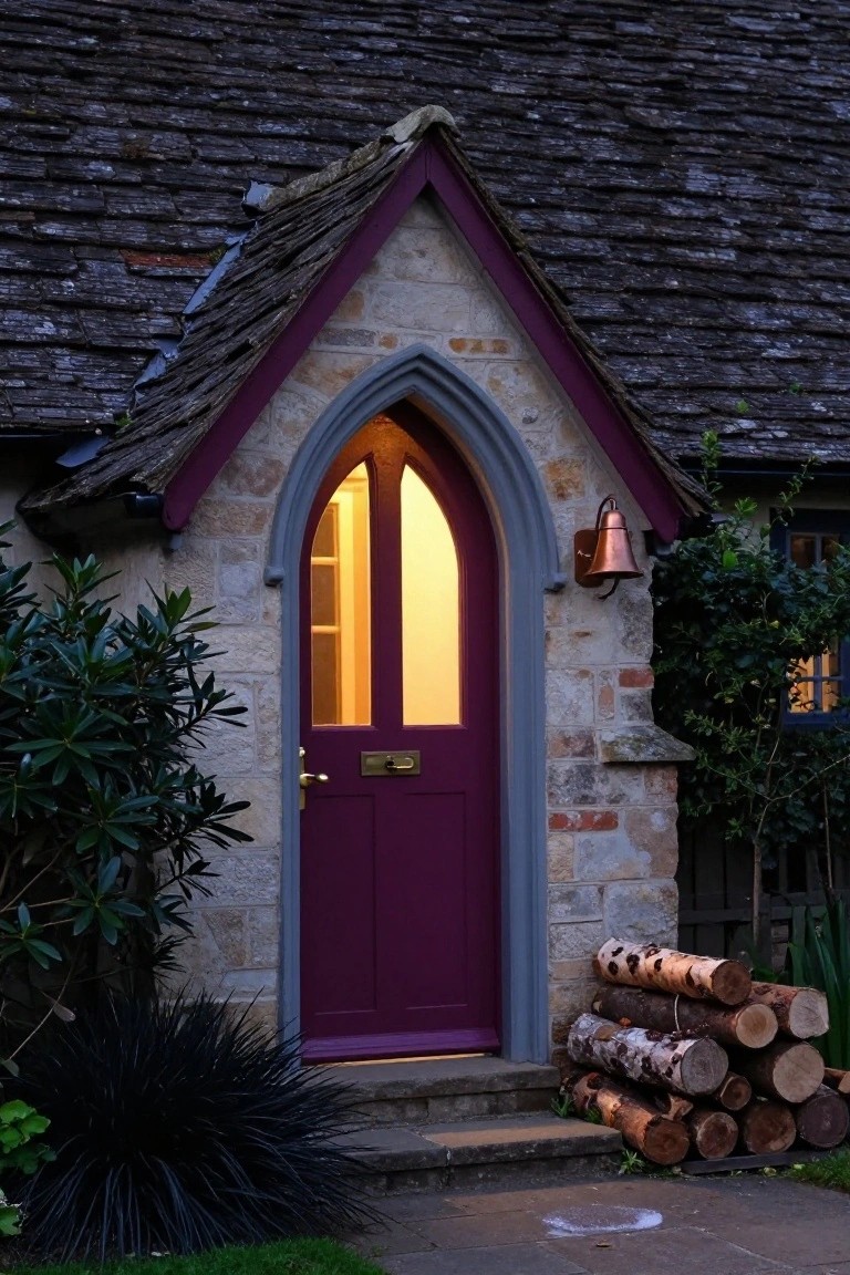 Stone cottage porch with purple wooden front door in gothic arched frame, yellow interior light glowing through, flanked by evergreen shrubs, black grass plant, copper lantern, and stack of firewood on paved steps.