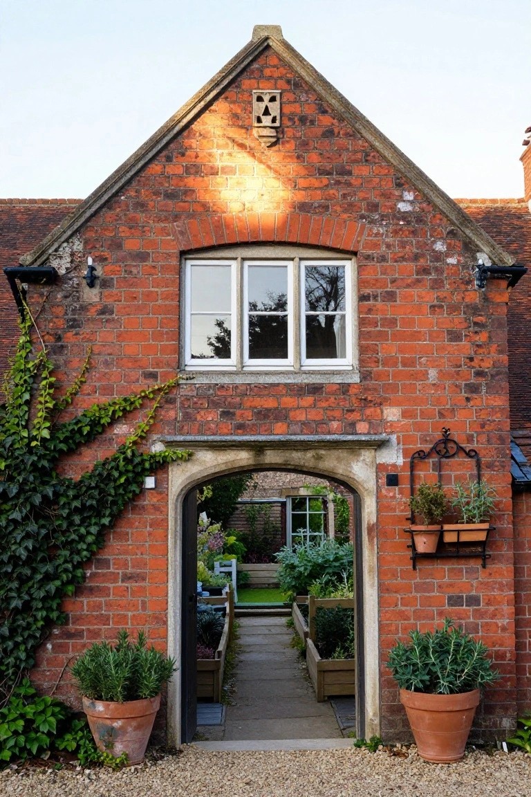 Red brick gabled building with stone arched entryway leading to a walled garden, ivy climbing left wall, potted rosemary plants flanking entrance, hanging planters on right wall, gravel path in front.