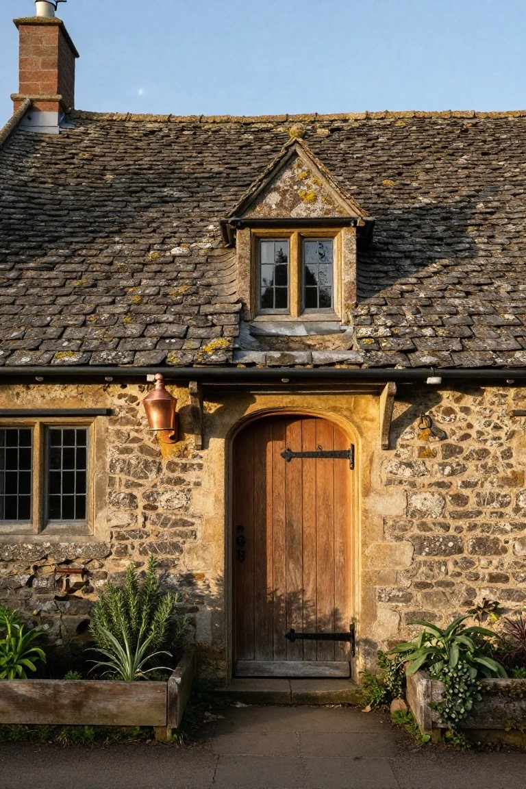 Stone cottage exterior with arched wooden front door, black iron hardware, copper wall lantern, leaded windows, mossy slate roof, and wooden planters with greenery flanking the entry.