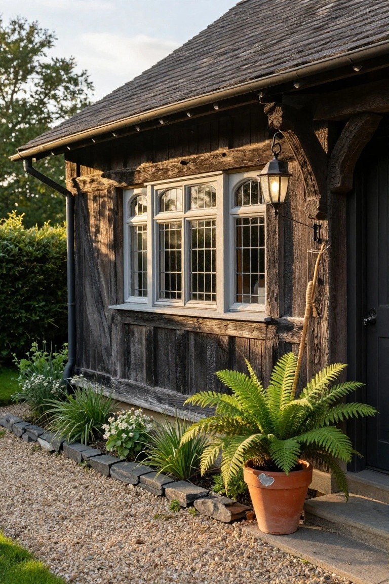 Dark timber-framed cottage exterior with white leaded windows, black front door, hanging black lantern, potted fern in terracotta pot on steps, gravel path, and low garden plantings.