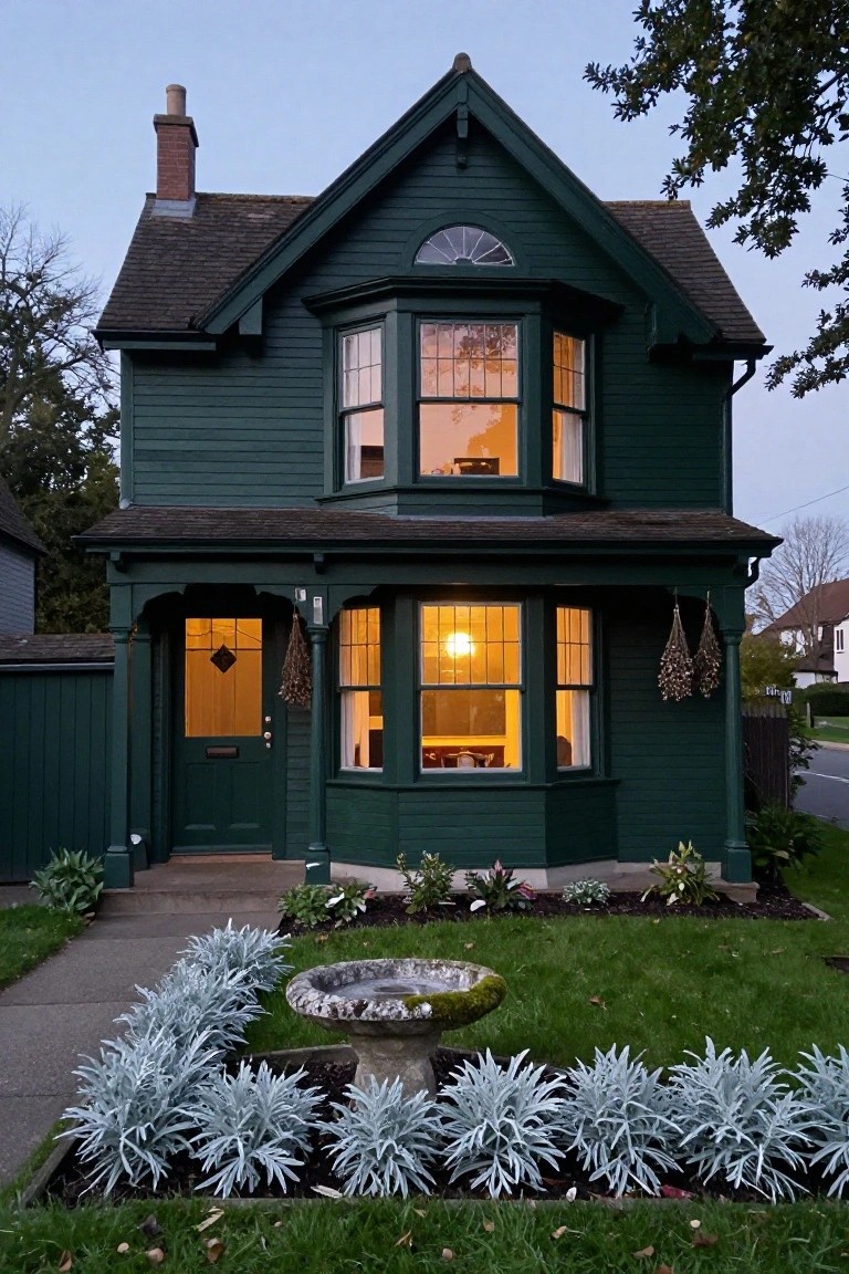 Dark green Victorian-style house exterior at dusk with lit windows, front porch featuring hanging dried plant bundles, and front yard landscaped with silver-leafed shrubs and a stone birdbath.