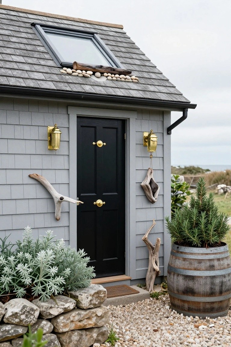 Gray shingle cottage exterior featuring a black double door with brass hardware and knobs, flanked by brass lanterns, driftwood hangings on the walls and roof, potted plants, a whiskey barrel planter, stone edging, and gravel path near coastal scenery.