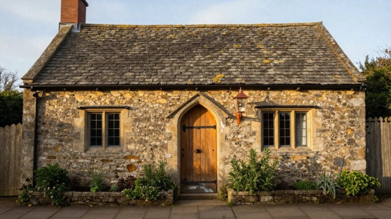 Stone cottage exterior with arched wooden front door, black iron hardware, copper wall lantern, leaded windows, mossy slate roof, and wooden planters with greenery flanking the entry.