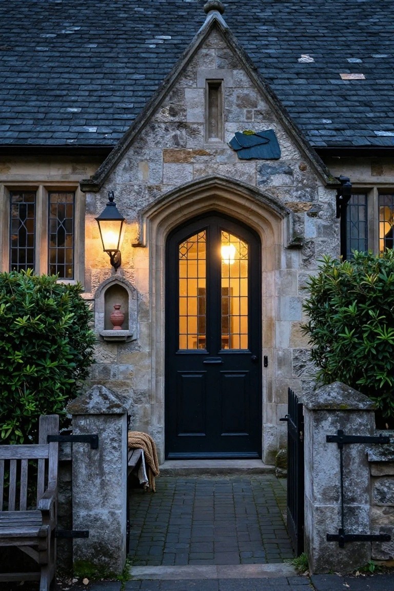 Stone cottage exterior with tall arched black double front door, lit lantern on the wall, potted urn in niche, shrubs on either side, wooden bench by iron gate, and slate roof.