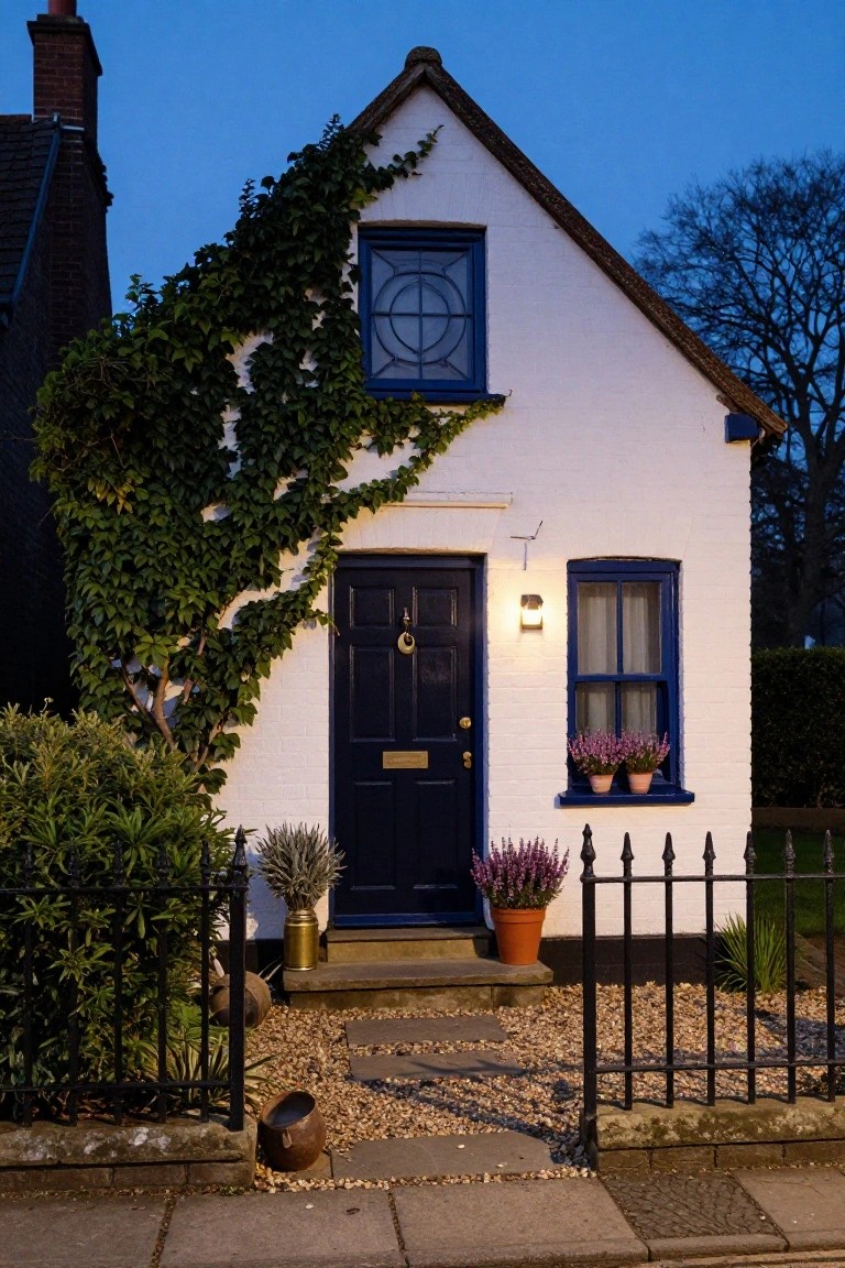 Small white cottage with ivy climbing the left side, blue door and window frames, potted flowers on the windowsill and by the entrance, black metal fence, gravel path, and evening sky.