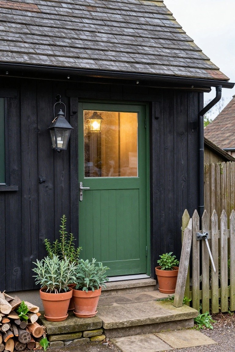 Black wooden garden shed with green paneled door and glass window, illuminated by hanging lantern, potted herbs in terracotta pots, firewood stack, stone steps, and picket fence alongside.