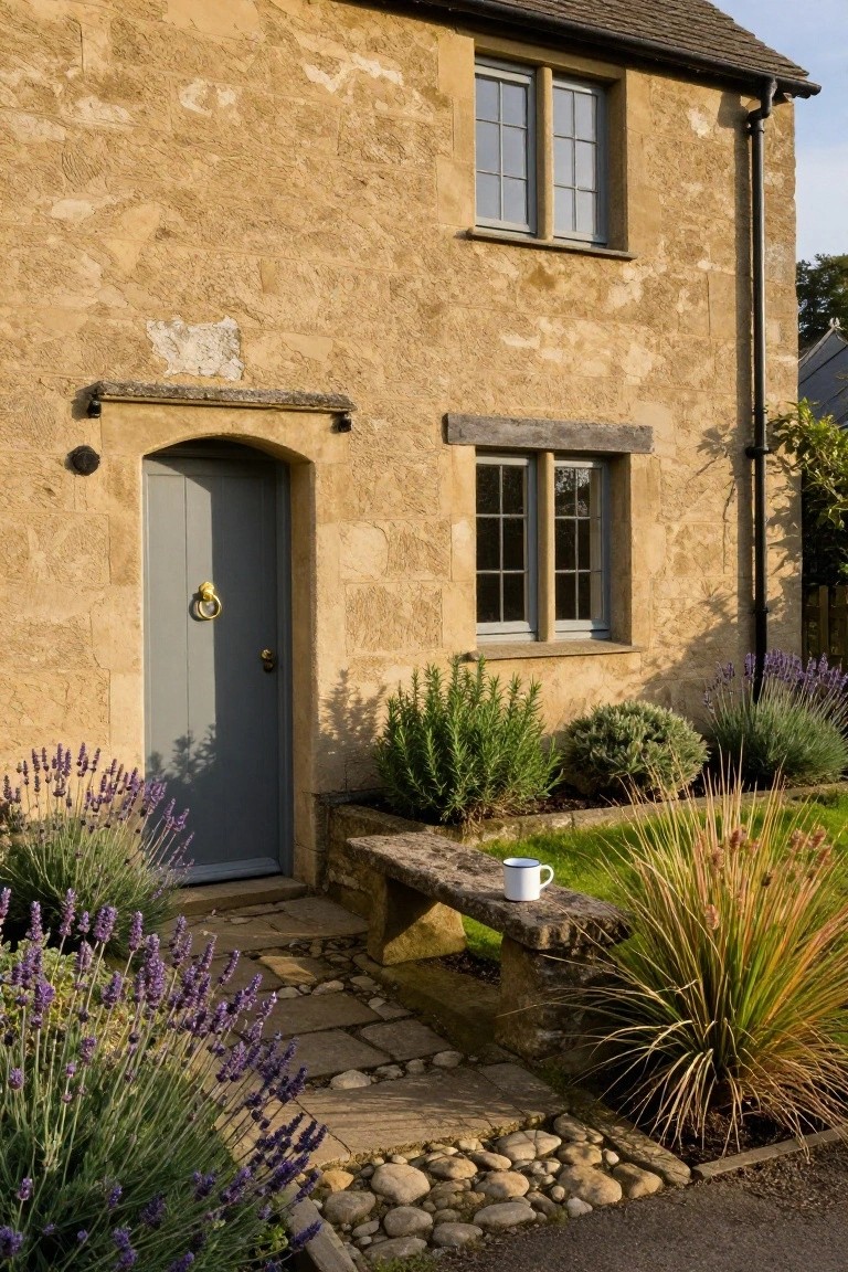 Beige stone cottage exterior with arched gray front door, gold knocker, flanked by lavender plants and other shrubs, stone bench with white mug, gravel path, and wooden windows.