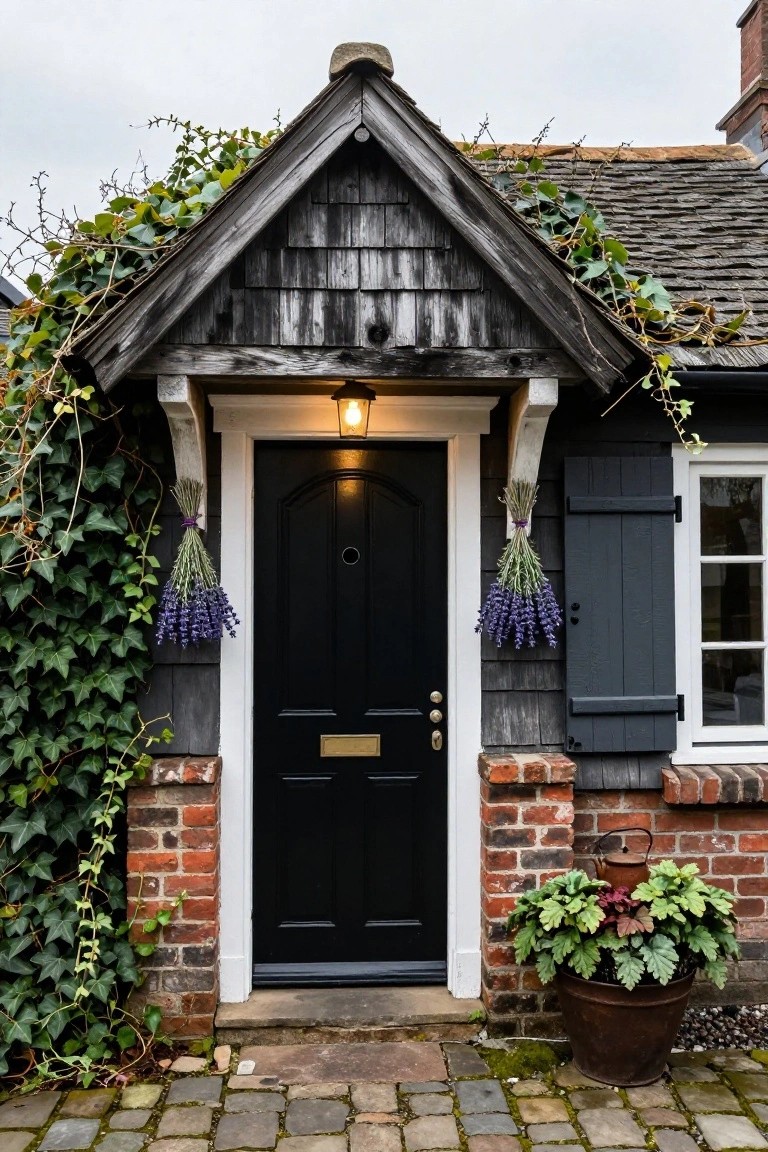 Weathered shingle gable porch over a black front door with brass knocker, flanked by hanging lavender bundles on posts, ivy-covered walls, dark gray shutters on a window, copper kettle on brick base with potted plant, and cobblestone path.