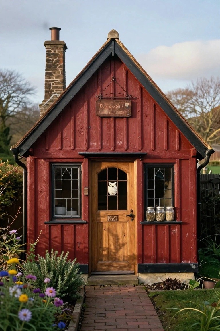 Small red clapboard garden shed with black trim, stone chimney, arched leaded windows, wooden door featuring white owl decal, apothecary sign overhead, jars on exterior shelf, brick path, and flowers nearby.
