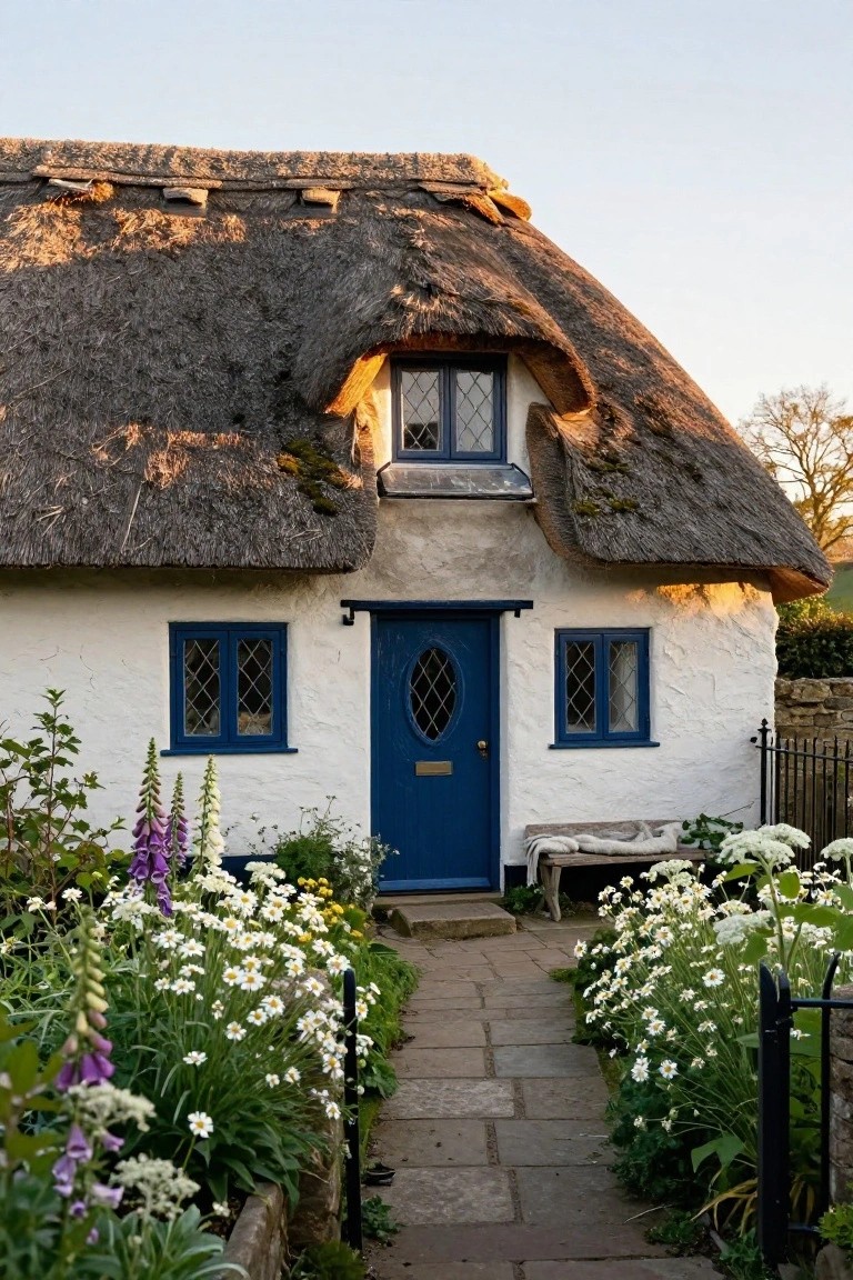White thatched-roof cottage with blue leaded windows and oval-topped blue door, surrounded by flower beds of foxgloves and daisies along a stone path and black iron fence.