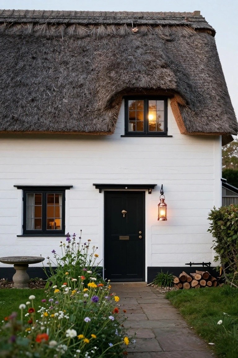 White clapboard cottage with steeply pitched dark thatched roof, black-framed windows and front door, copper lantern hanging beside door, colorful wildflowers bordering stone pathway to entrance, stack of firewood and birdbath nearby.