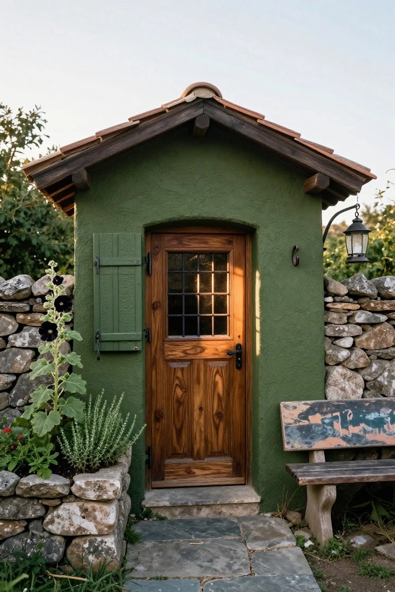 Small green stucco cottage with arched wooden door featuring grid window, green shutters, terracotta roof, stone walls, plants, lantern, and wooden bench.