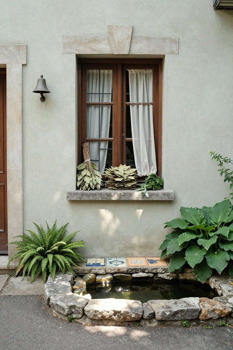 Pale green stucco exterior wall of a house with a wooden-framed window, stone sill holding stacked bundles of dried bay leaves and fresh herbs, a door nearby, potted ferns, large hosta plants, and a small stone-lined pond at the base.