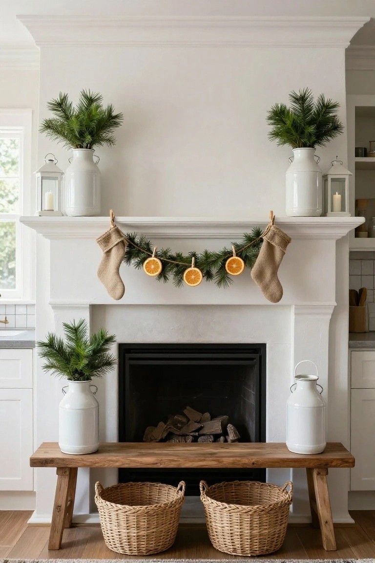White fireplace mantel decorated for Christmas with symmetrical tan knit stockings holding dried orange slices on a pine garland, matching white milk cans filled with pine branches flanking the sides, wooden bench holding seagrass baskets in front.
