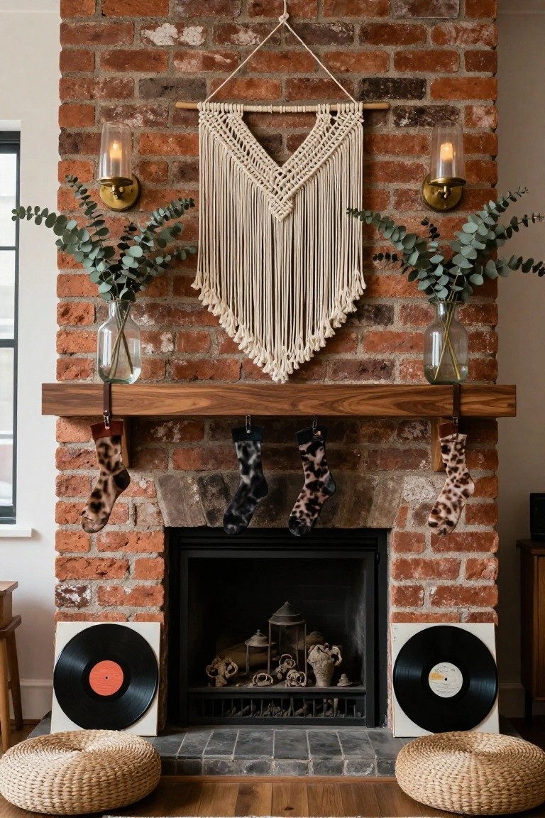 Brick indoor fireplace with wooden mantel holding symmetric leopard print Christmas stockings, centered white macrame wall hanging, matching eucalyptus vases in glass on each side, vinyl records propped nearby, and seagrass poufs on the floor.