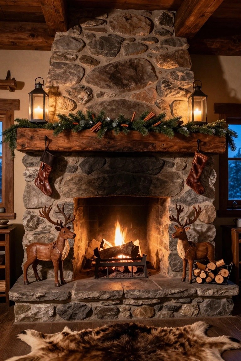 Stone fireplace with wooden mantel decorated symmetrically for Christmas, featuring matching wooden deer statues flanking the fire, red leather stockings hanging from the mantel, evergreen garland with cinnamon sticks, and lanterns on both sides.