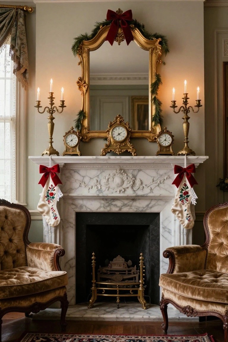 Gold ornate mirror with evergreen garland and red bow over a white marble mantel with black fireplace, flanked by matching gold clocks and candelabras, red-bowed white stockings hanging on each end, and two beige velvet armchairs in a pale green room.
