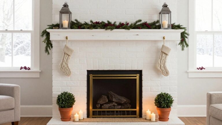 White brick fireplace with wooden mantel holding pine garland and red berries, matching metal lanterns with candles above, cream knit stockings on sides, potted boxwood plants flanking the hearth, and candles on the floor.