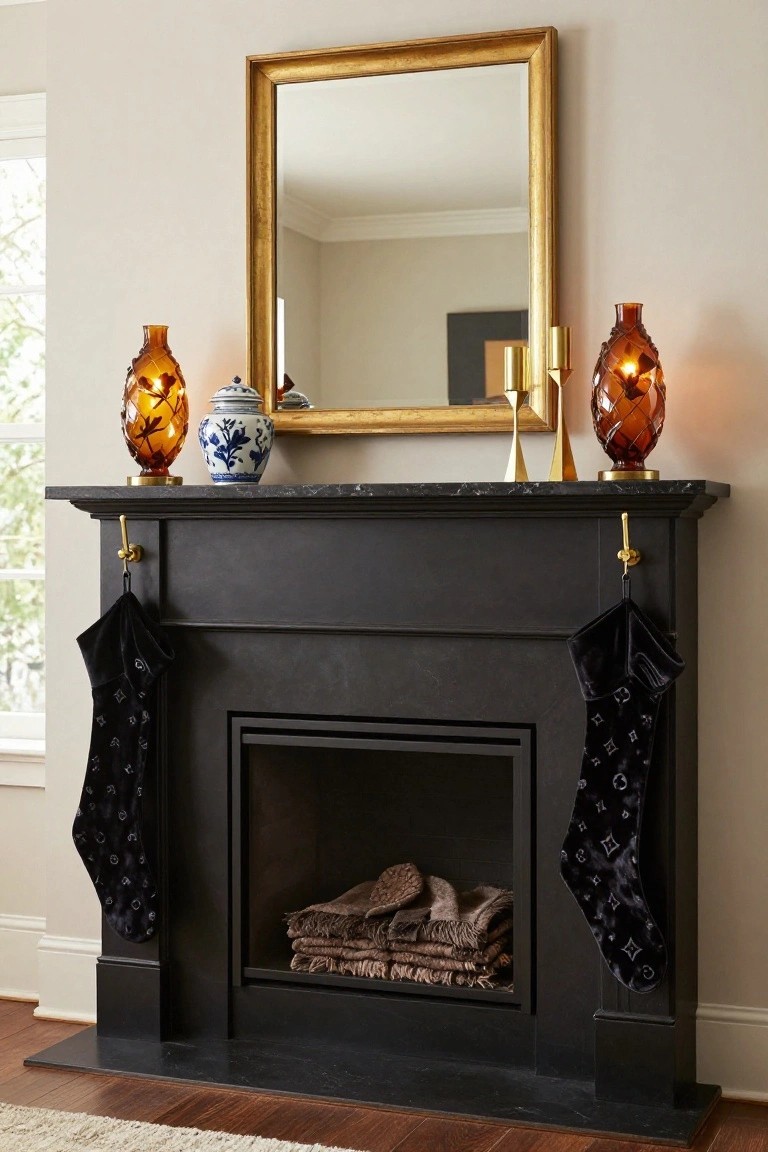 Black stone fireplace mantel on marble ledge with symmetrical amber glass pineapple vases, blue and white porcelain jar, gold candlesticks, and matching black velvet patterned Christmas stockings hanging from gold hooks on each side, firewood stacked inside the firebox.