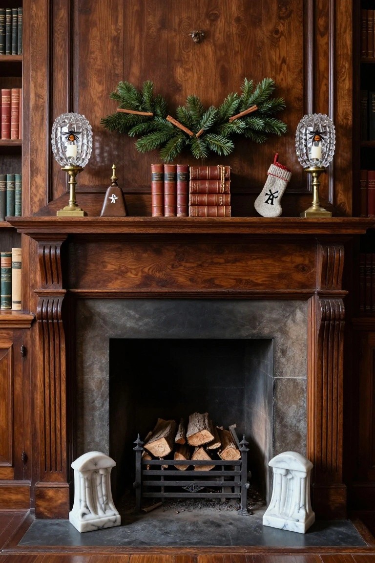 Wooden mantelpiece decorated symmetrically for Christmas with matching crystal lamps containing black spiders, central evergreen garland with cinnamon sticks, stacked red books, wooden block, knit stocking, flanked by bookshelves, above a fireplace with logs and marble pedestals on the hearth.