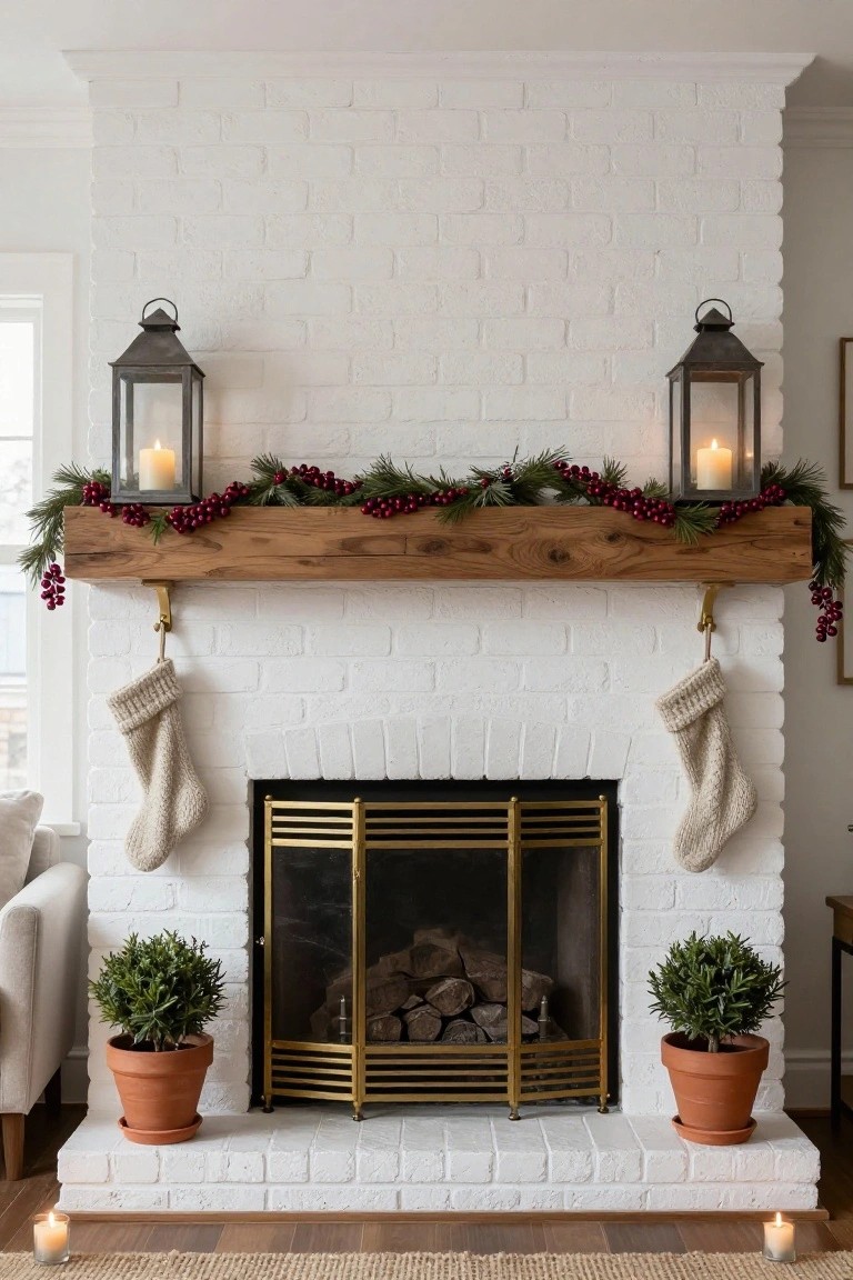 White brick fireplace with wooden mantel holding pine garland and red berries, matching metal lanterns with candles above, cream knit stockings on sides, potted boxwood plants flanking the hearth, and candles on the floor.