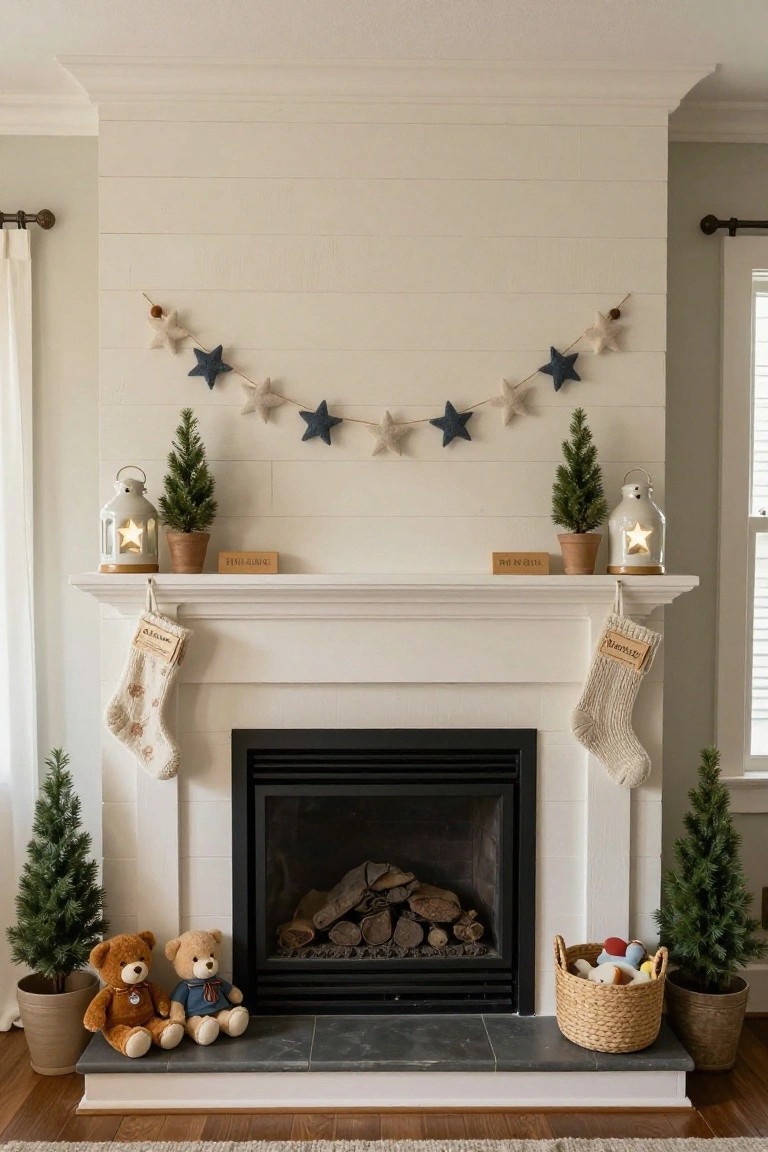 Pair Small Trees Beside the Fireplace