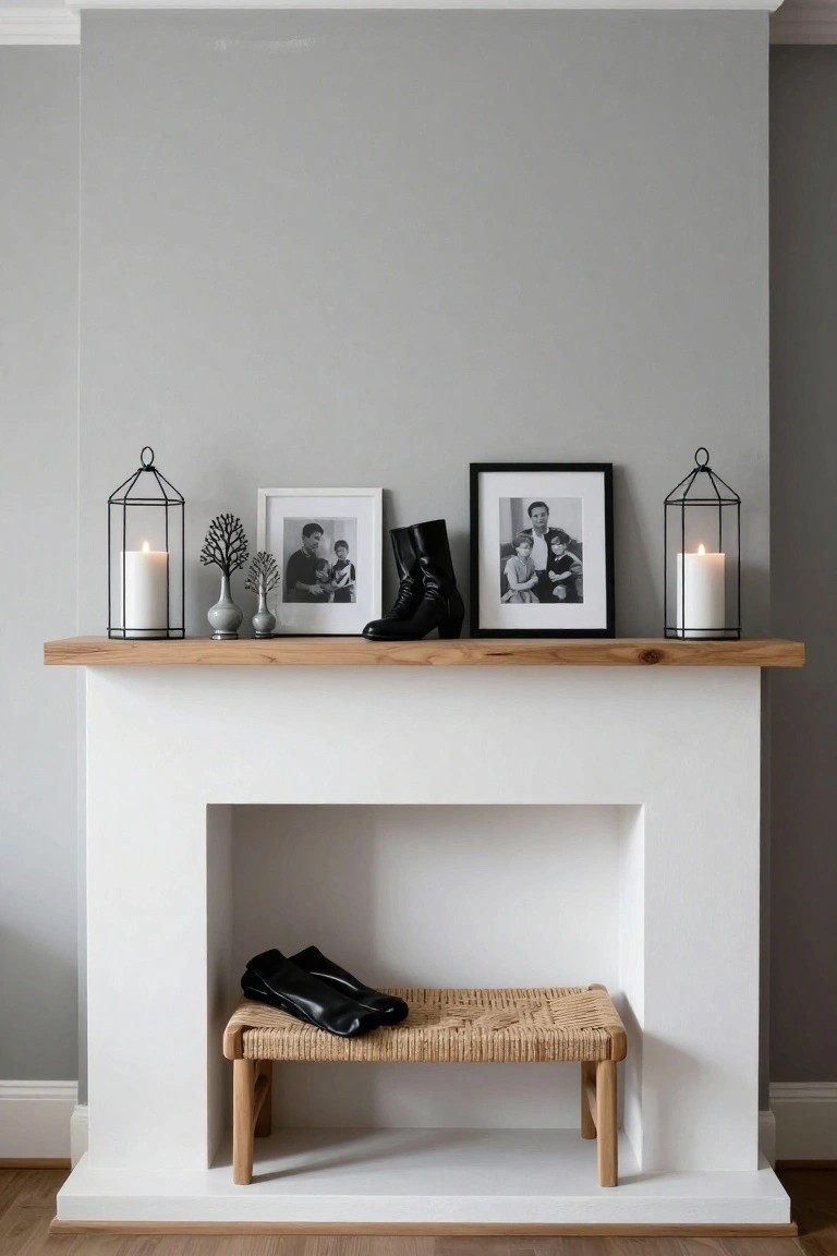White fireplace with oak mantel on gray wall, featuring symmetrical black wire lanterns with white candles at ends, flanked by small trees and vases, central family photos in white and black frames, and black boots, plus woven stool with black shoes in hearth.