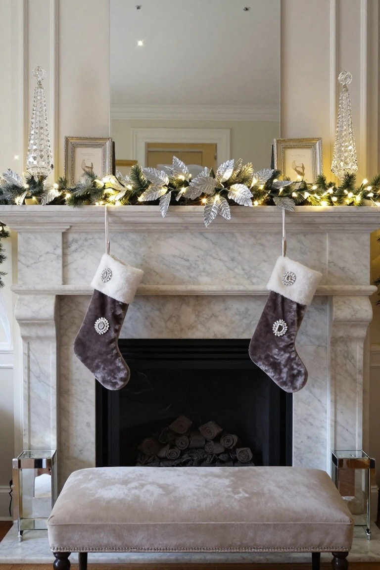 Marble fireplace mantel decorated for Christmas with two matching gray velvet stockings featuring brooches hanging symmetrically from hooks, flanked by crystal trees, silver leaf garlands, string lights, and picture frames.