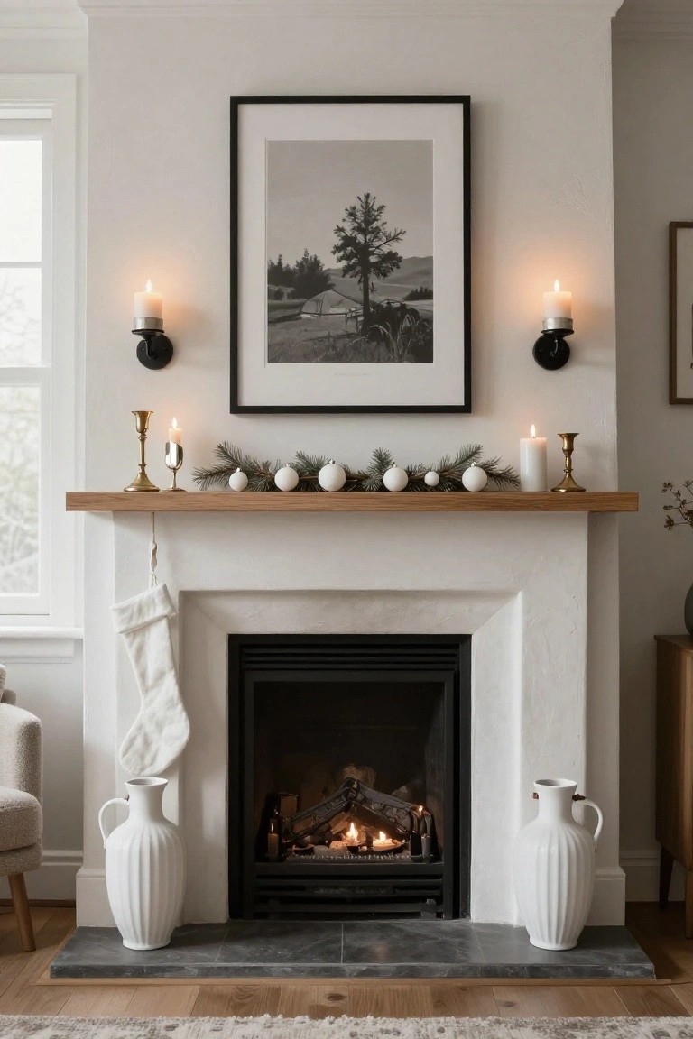 White plaster fireplace with oak mantel decorated symmetrically for Christmas using centered fir garland with white baubles, flanked by brass candlesticks with white candles, single white stocking hanging on left side, large white ribbed vases on hearth floor beside gas fire, neutral room with black-framed photo above and wall sconces.