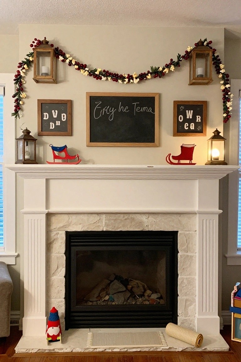 A Christmas-decorated fireplace mantel with symmetrical berry and popcorn garland draped across the top, wooden lanterns on each side, a central chalkboard sign, small red sleds, and gnomes nearby.