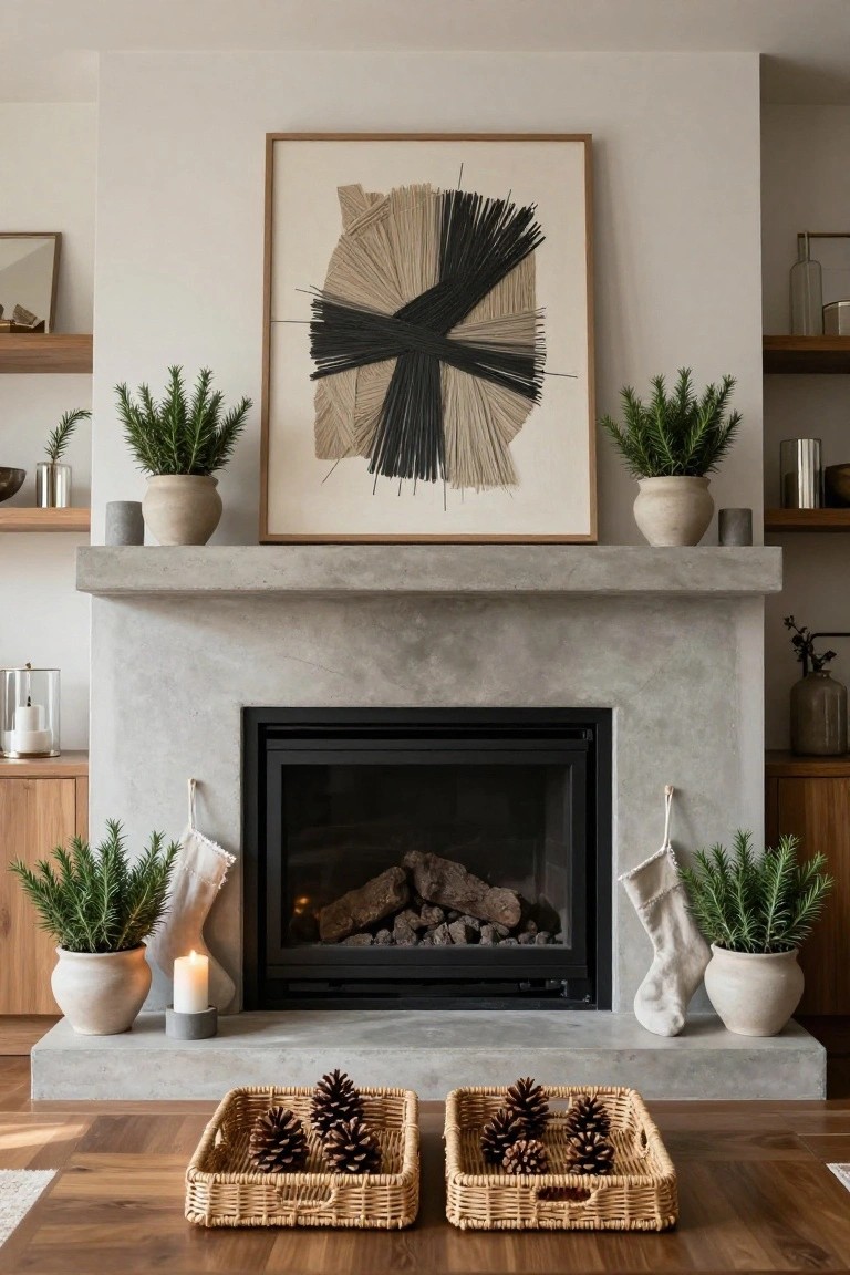 Concrete fireplace mantel with symmetrical decorations including potted rosemary plants, white stockings, candles, and two baskets of pinecones on the hearth, plants on shelves above and cabinets beside.