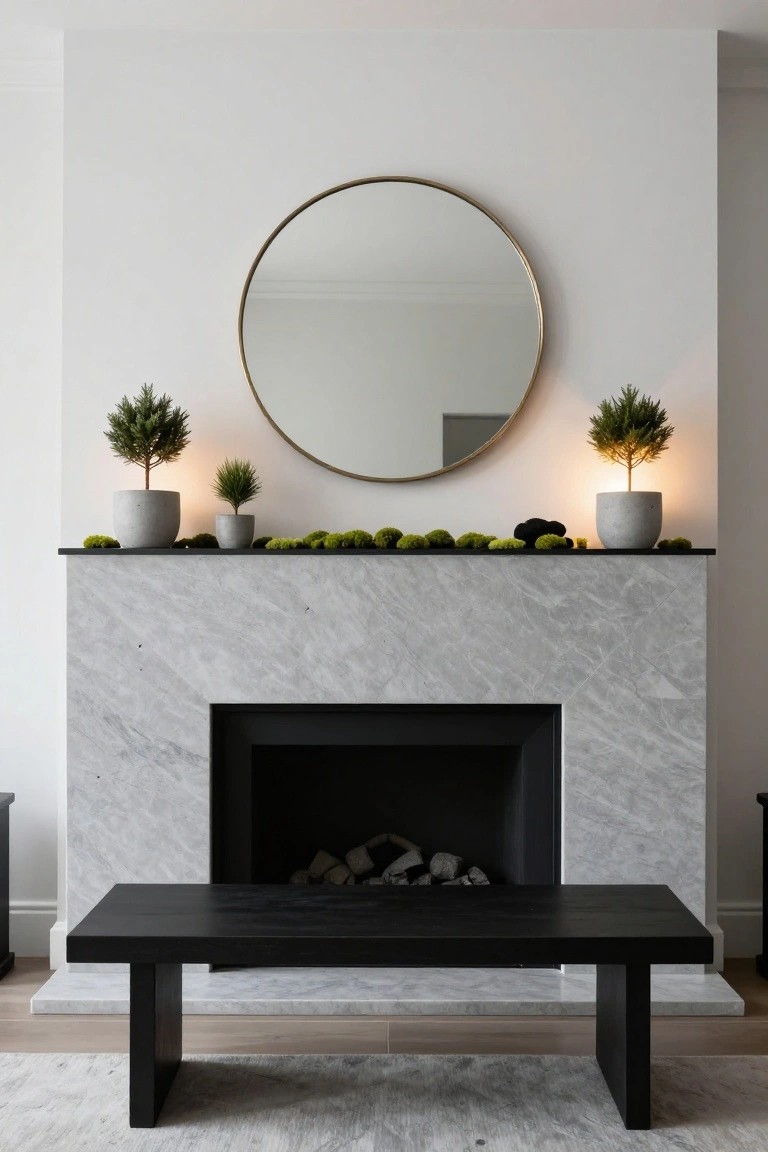 White interior room with gray marble fireplace mantel topped by symmetrical moss garlands, small potted trees, and a large gold-framed round mirror centered above the black firebox, black wooden coffee table on light rug in front.