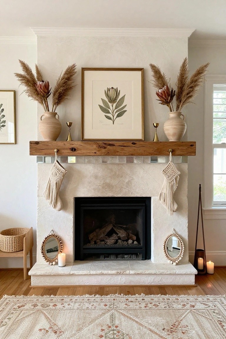A beige stone fireplace mantel with symmetrical terracotta vases of pampas grass and protea on both ends, flanked by gold candlesticks, a central gold-framed protea artwork, neutral macrame Christmas stockings hanging from hooks, small shell mirrors and candles on the hearth, and a woven basket nearby on a wooden floor with a beige rug.