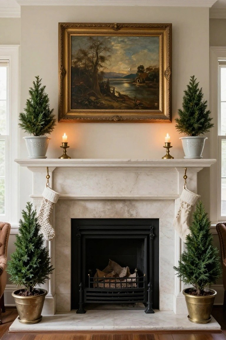 Marble fireplace mantel with black firebox flanked by two small potted evergreen trees in brass pots, white knit Christmas stockings hanging from brass hooks, brass candlesticks with white candles on the shelf, and a large gold-framed landscape painting centered above, all in a light-colored interior room.
