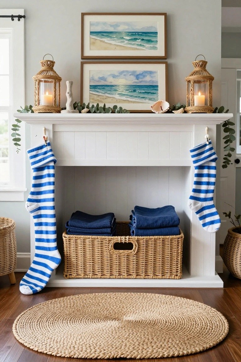 White fireplace mantel with symmetrical blue and white striped Christmas stockings hanging from hooks on each side, wicker lanterns with candles flanking them, stacked beach watercolor paintings above, eucalyptus garland, seashell, and navy towels in a wicker basket in front.