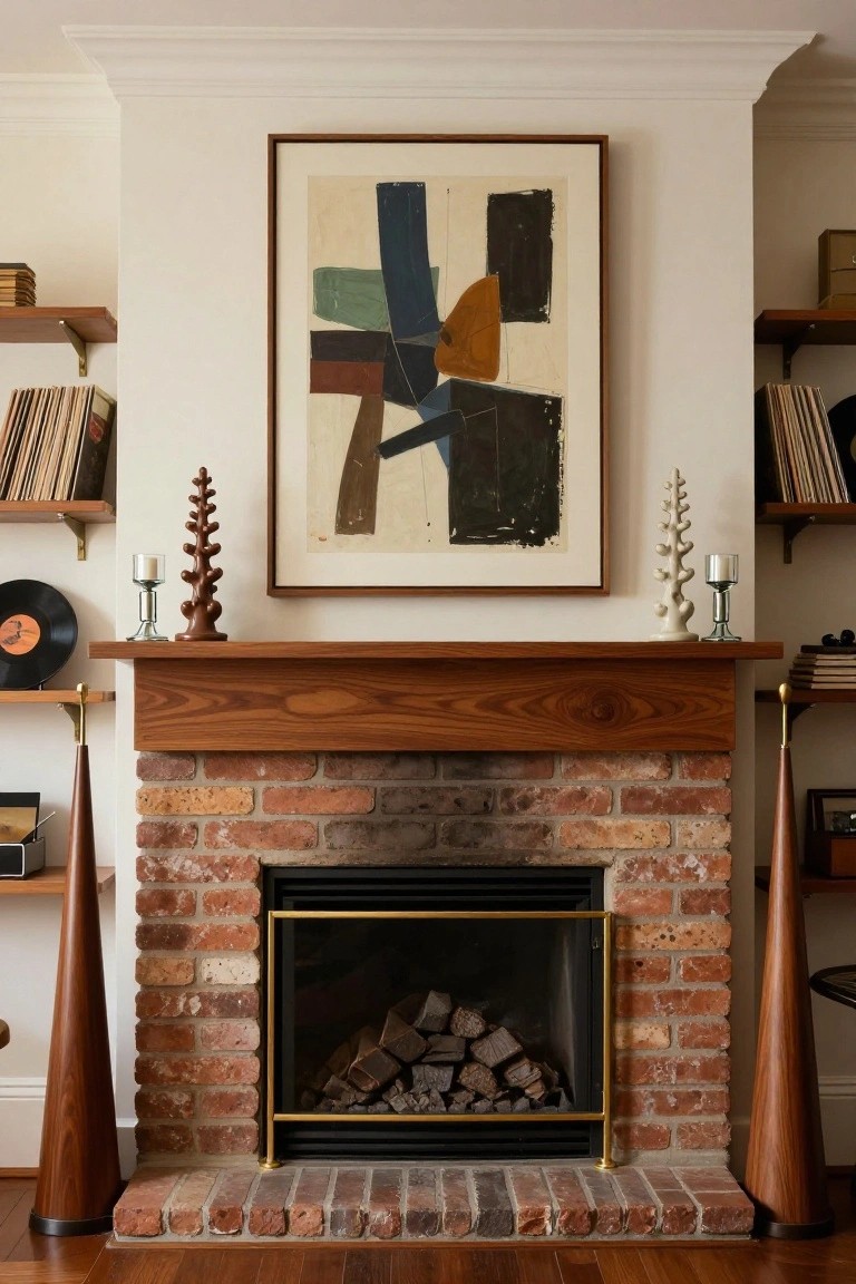 Symmetrical Tree Candlesticks on a Wood Mantel