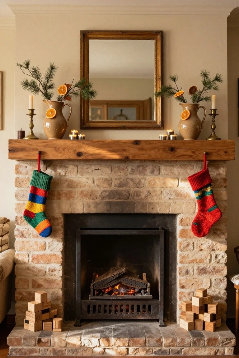 Christmas-decorated fireplace mantel in a living room with wooden beam, symmetric colorful knit stockings hanging from hooks, matching terracotta vases holding pine branches and dried orange slices on each end, brass candlesticks, a central gold-framed mirror, gas fire burning below, and stacked wooden blocks on the hearth.